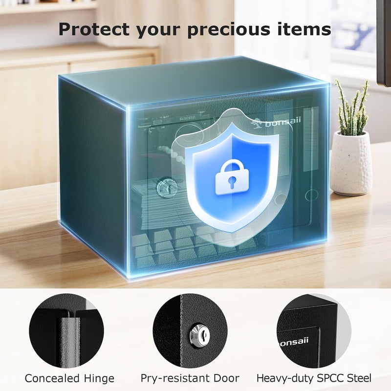 bonsaii Safe Box with Key Lock, Steel Security Lock Box, 0.23 Cubic Feet, 9.06" W x 6.69" D x 6.69" H, Small Hidden Safe for Cash Jewelry - Image 2